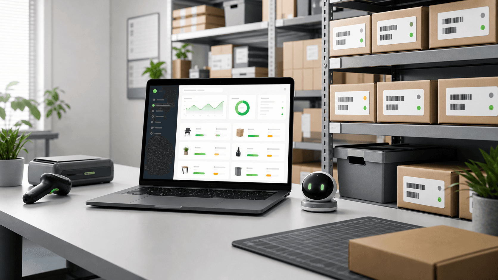 Inventory operations dashboard in a clean stockroom workspace
